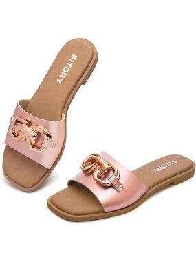 Women's Rose Gold Flat Slides With Soft Vegan Upper Leather Slippers Causal